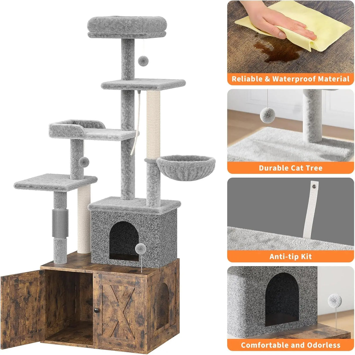 HiMISS Wooden Cat Tree With Litter Box Enclosure And Hammock