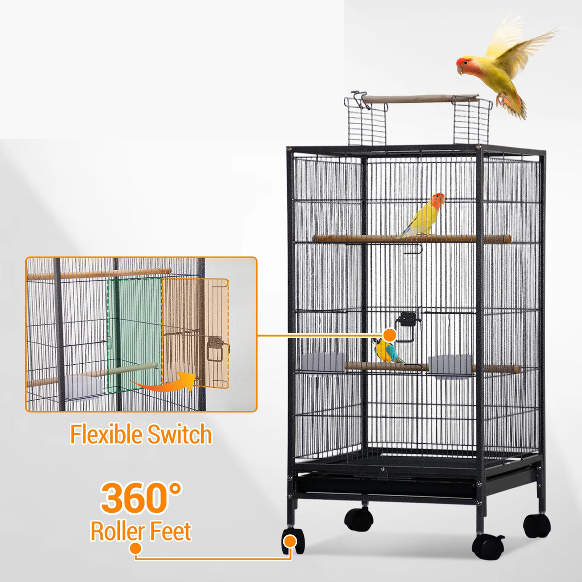 HiMISS Open Top Metal Bird Cage Featuring Wooden Perches