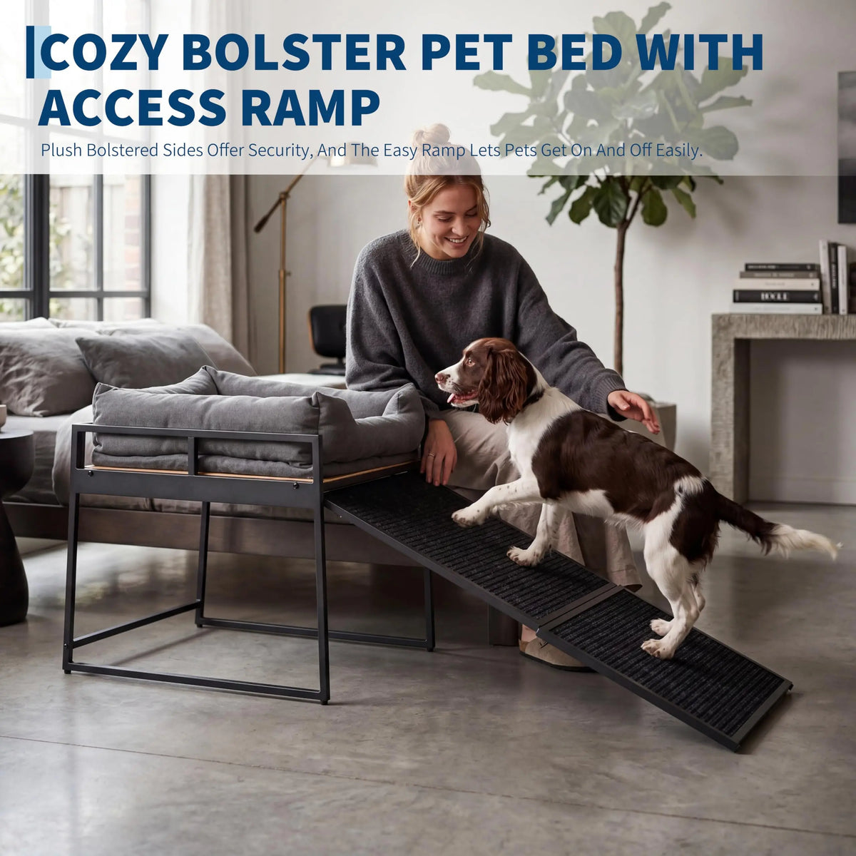 Elevated Pet Dog Bed Ramp With Soft Bolster Cushion Frame