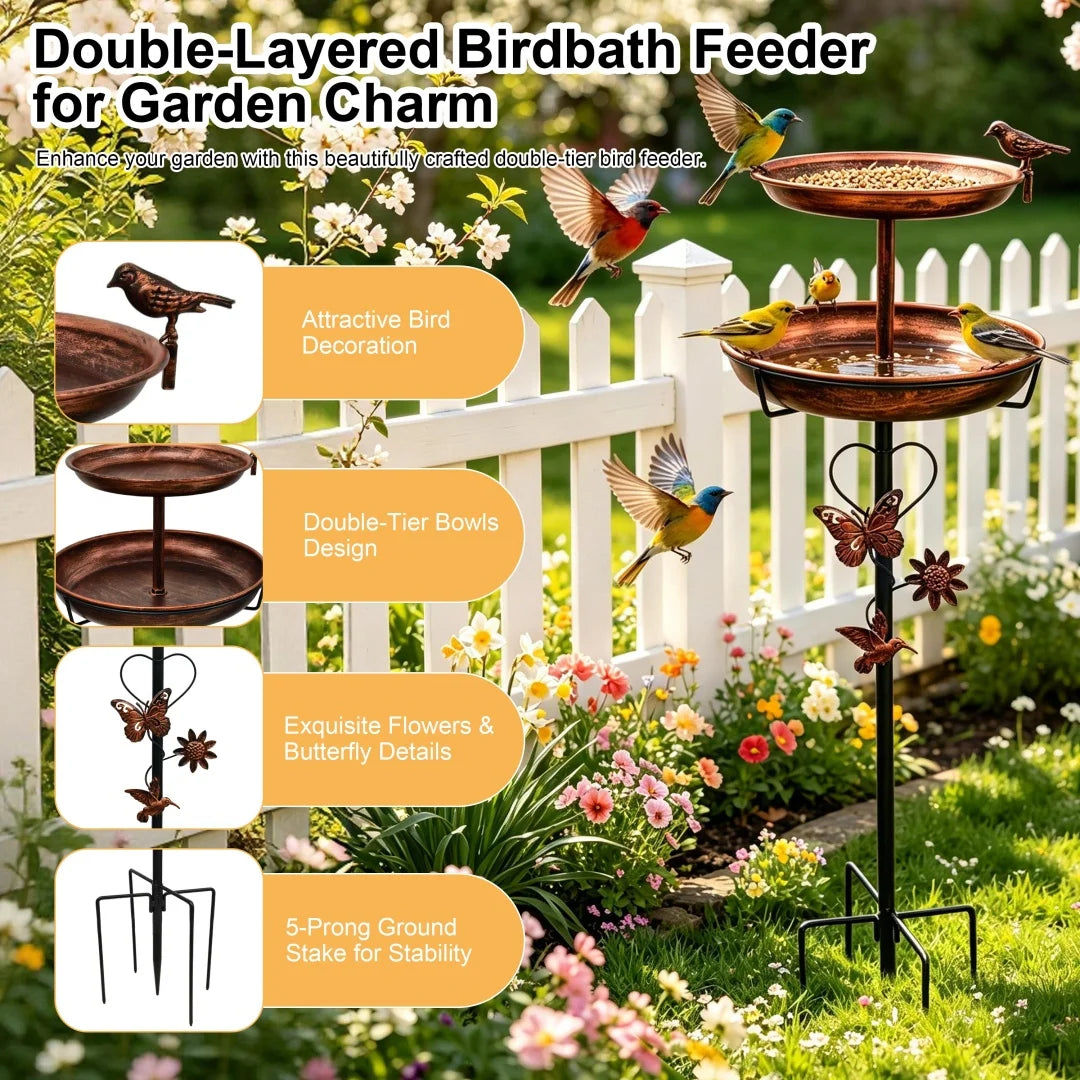 Freestanding Double Layer Bird Feeder With Bird Bath Stand