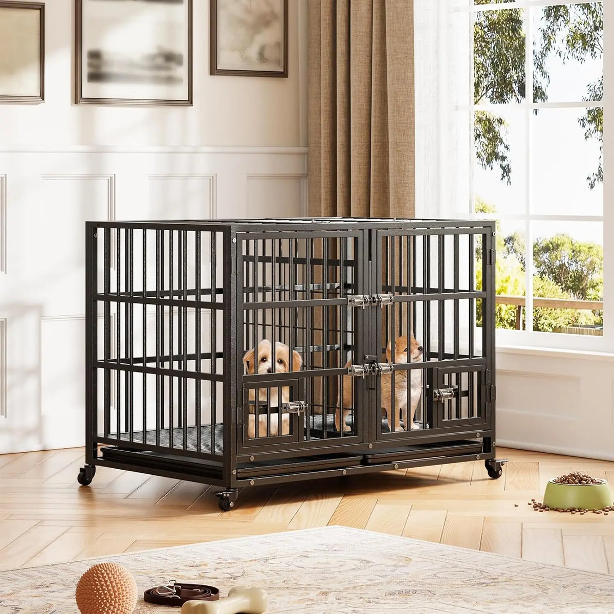 Heavy Duty Metal Dog Crate With Double Door And Wheels