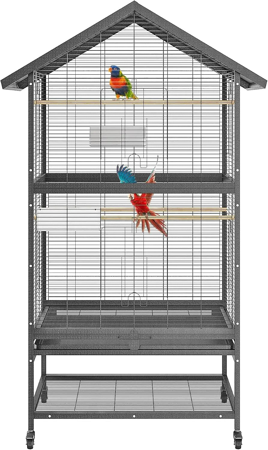 Wrought Iron Bird Cage With Rolling Stand And Dual Compartments