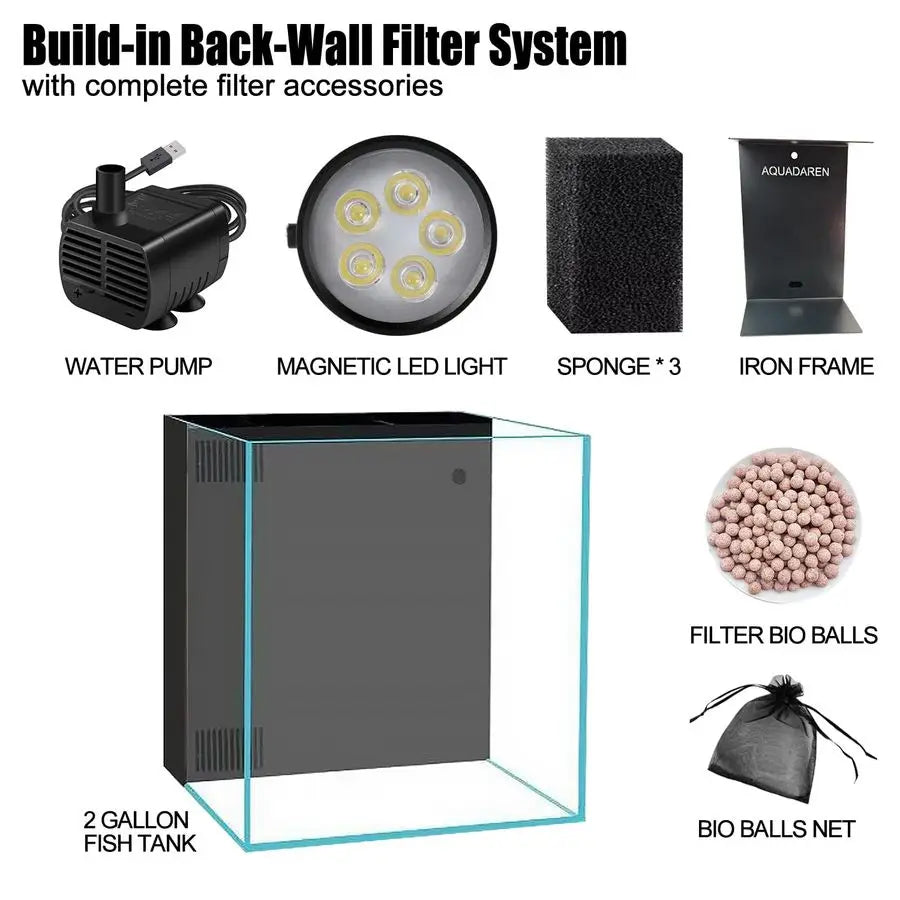 Fish Tank Kit, 2.5 Gallon Betta Fish Aquariums with Filter,Filter Floss,Iron Bracket amp Light,Fish Tanks for Starter, Black7.8L