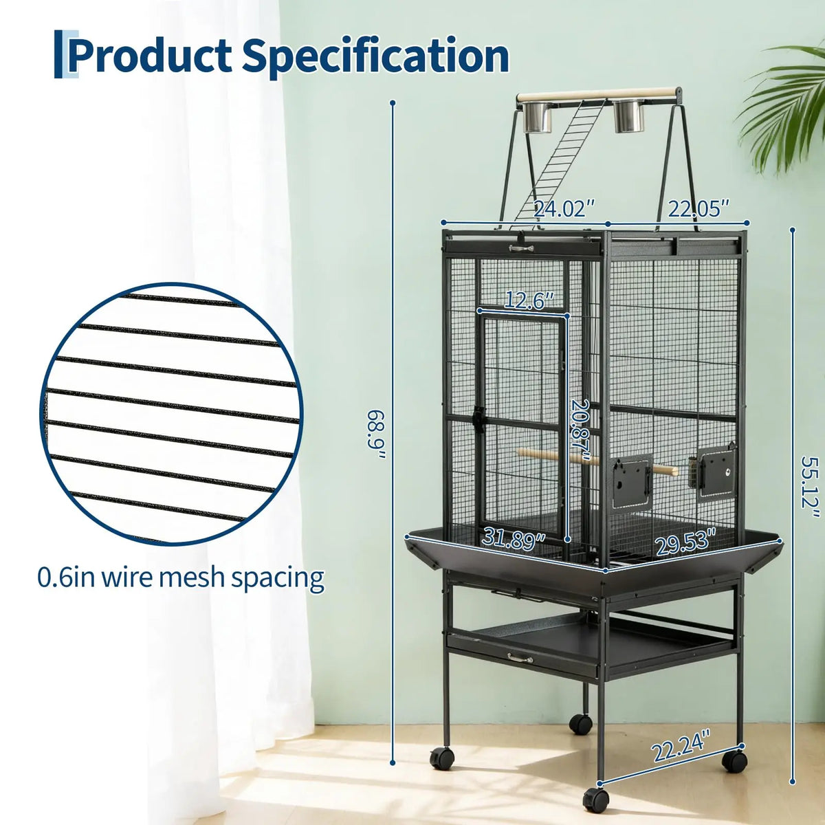 HiMISS Metal Parrot Cage With Rolling Stand And Play Top