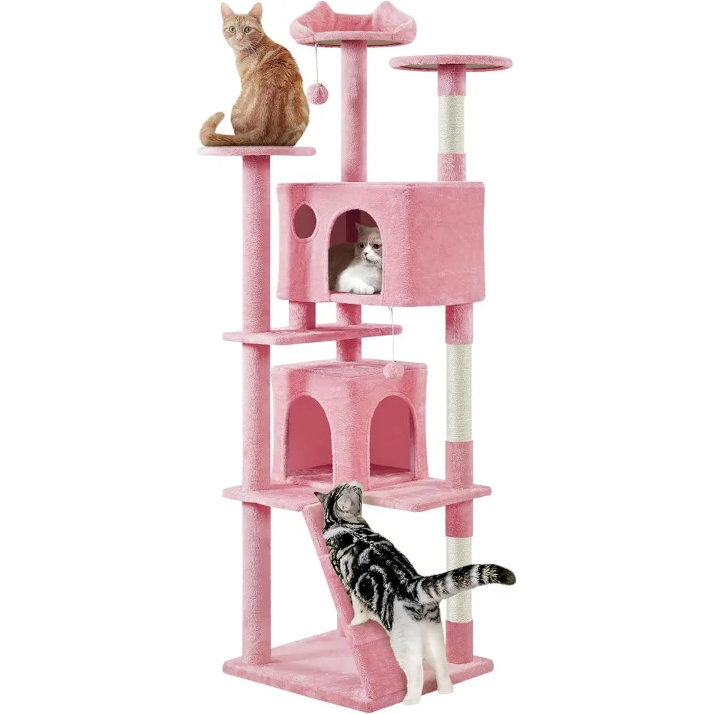 Yah 54in Cat Tree,Multi-Level Tower with Kitten-Ear Perch,2 Caves,Scratching Posts,Ladder,2 Plush Balls for Indoor Cats