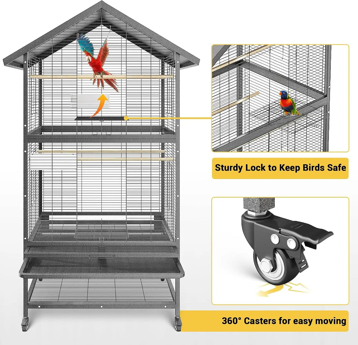 Wrought Iron Bird Cage With Rolling Stand And Dual Compartments
