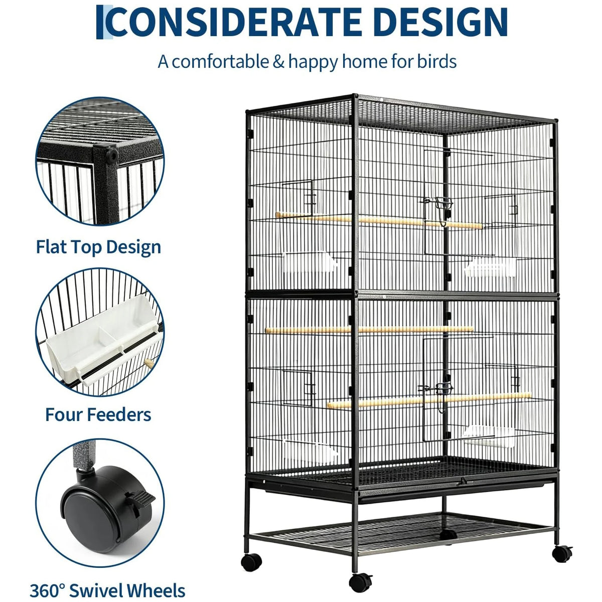 HiMISS Bird Cage With Wheels And Bowls For Parrots
