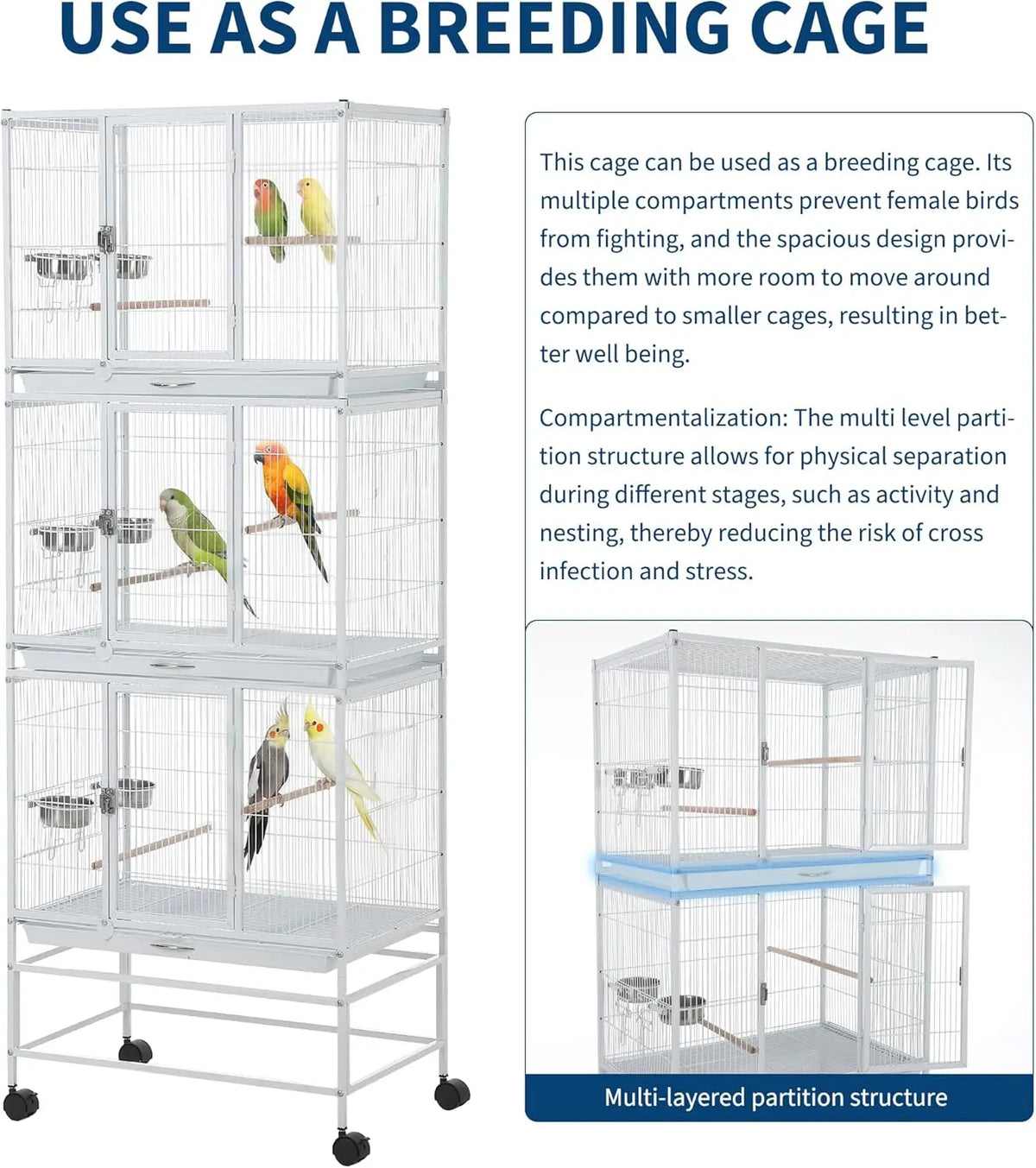 HiMISS Multi Compartment Bird Cage With Sturdy Steel Frame