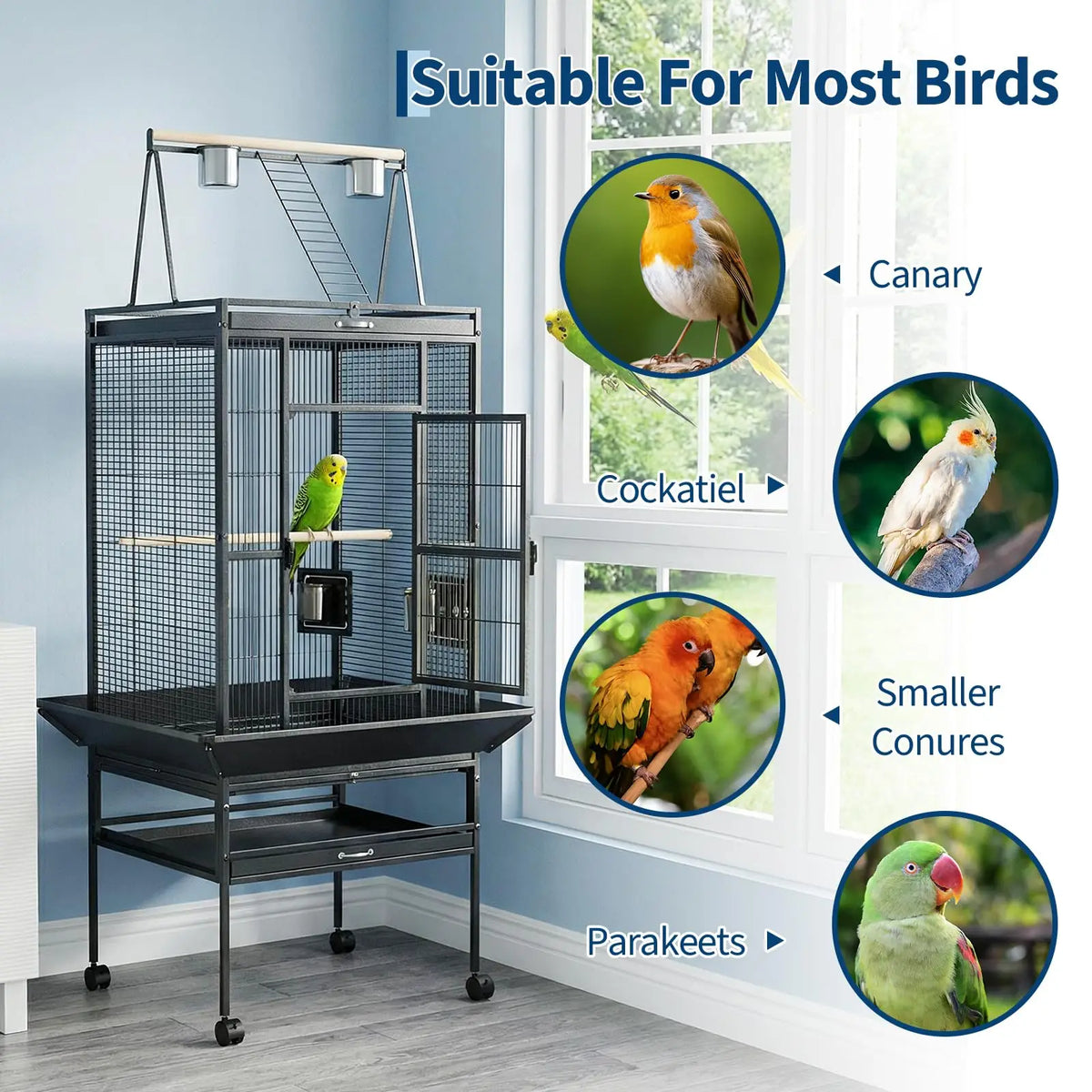 HiMISS Metal Parrot Cage With Rolling Stand And Play Top