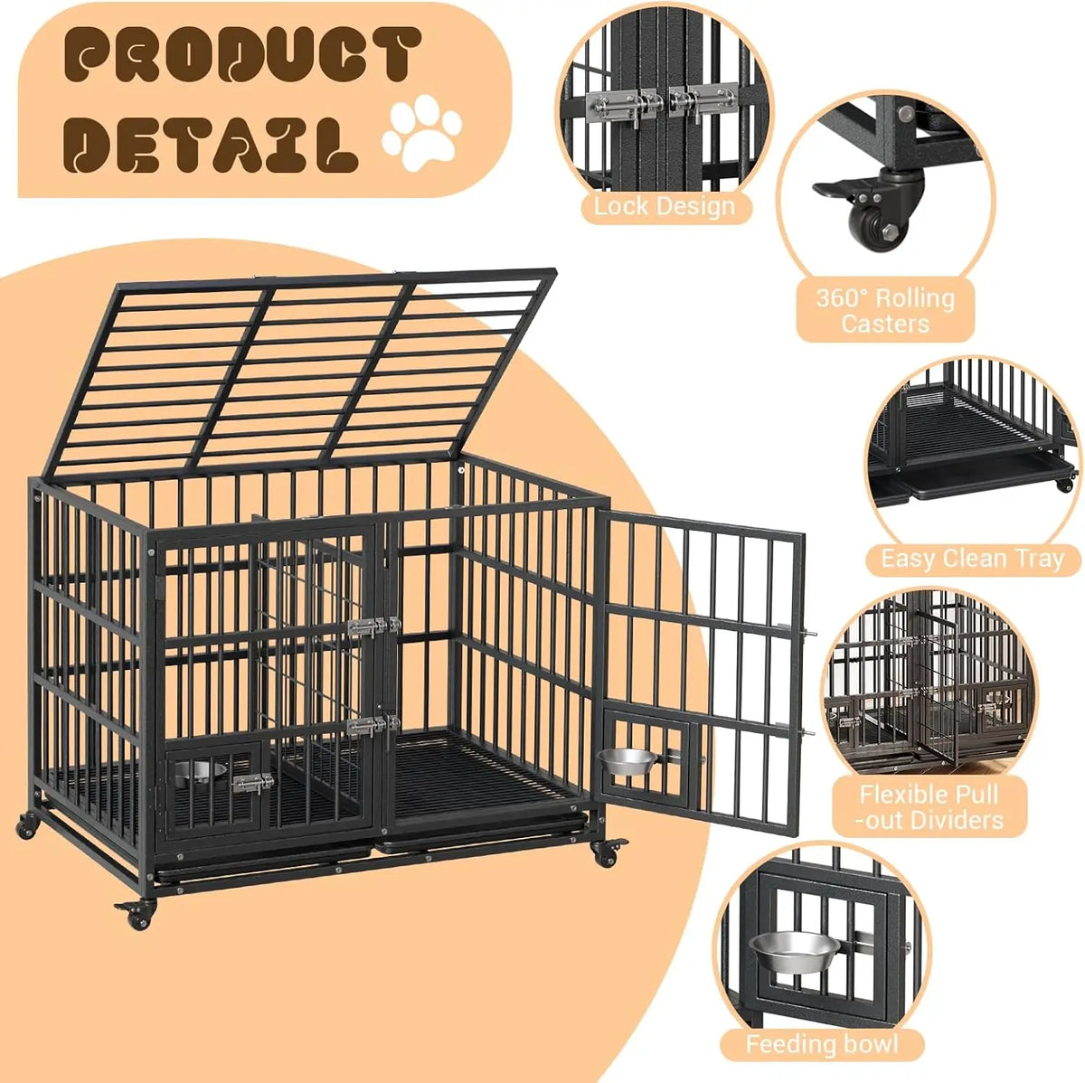 Heavy Duty Metal Dog Crate With Double Door And Wheels