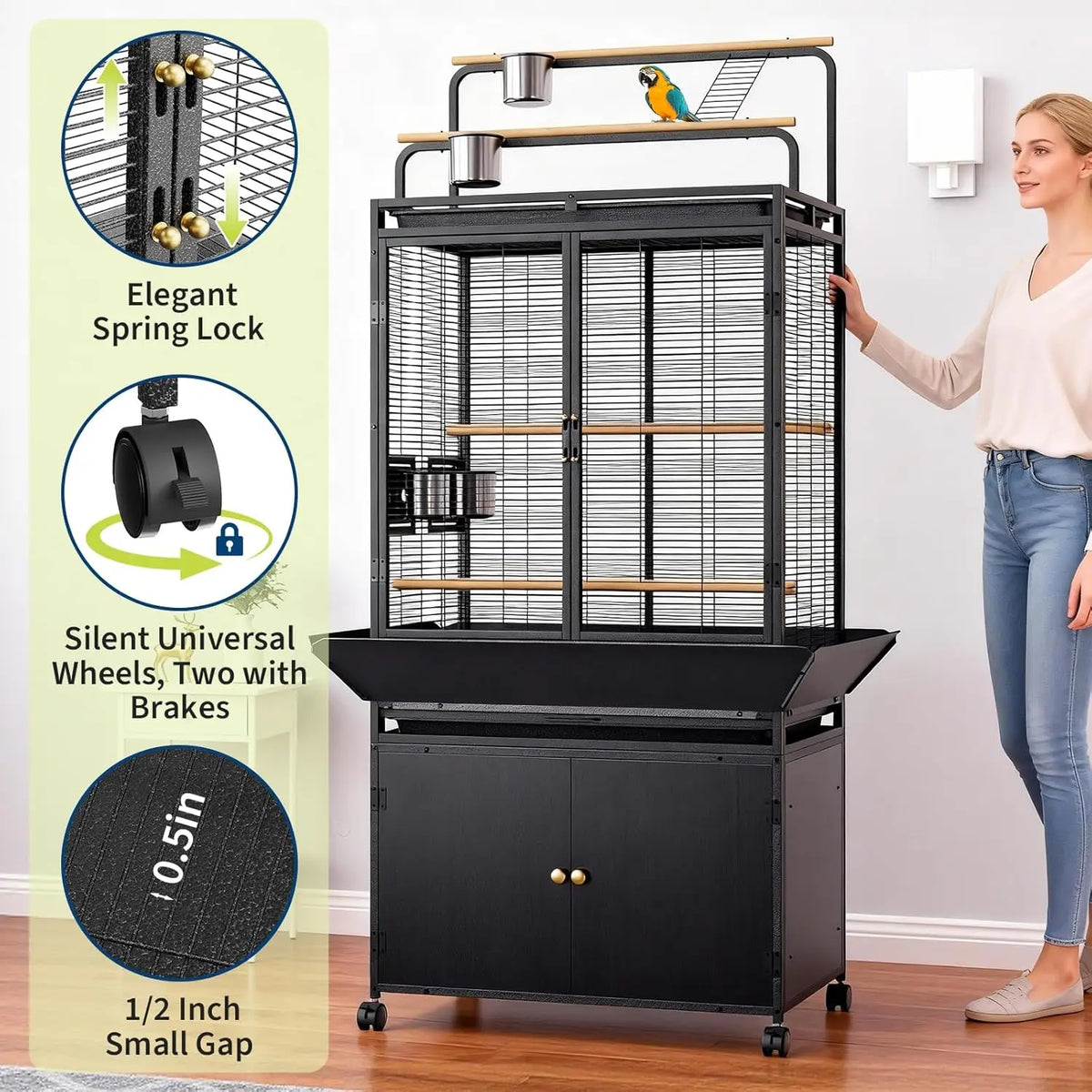 HiMISS Bird Cage With Rolling Wheels And Wooden Play Top