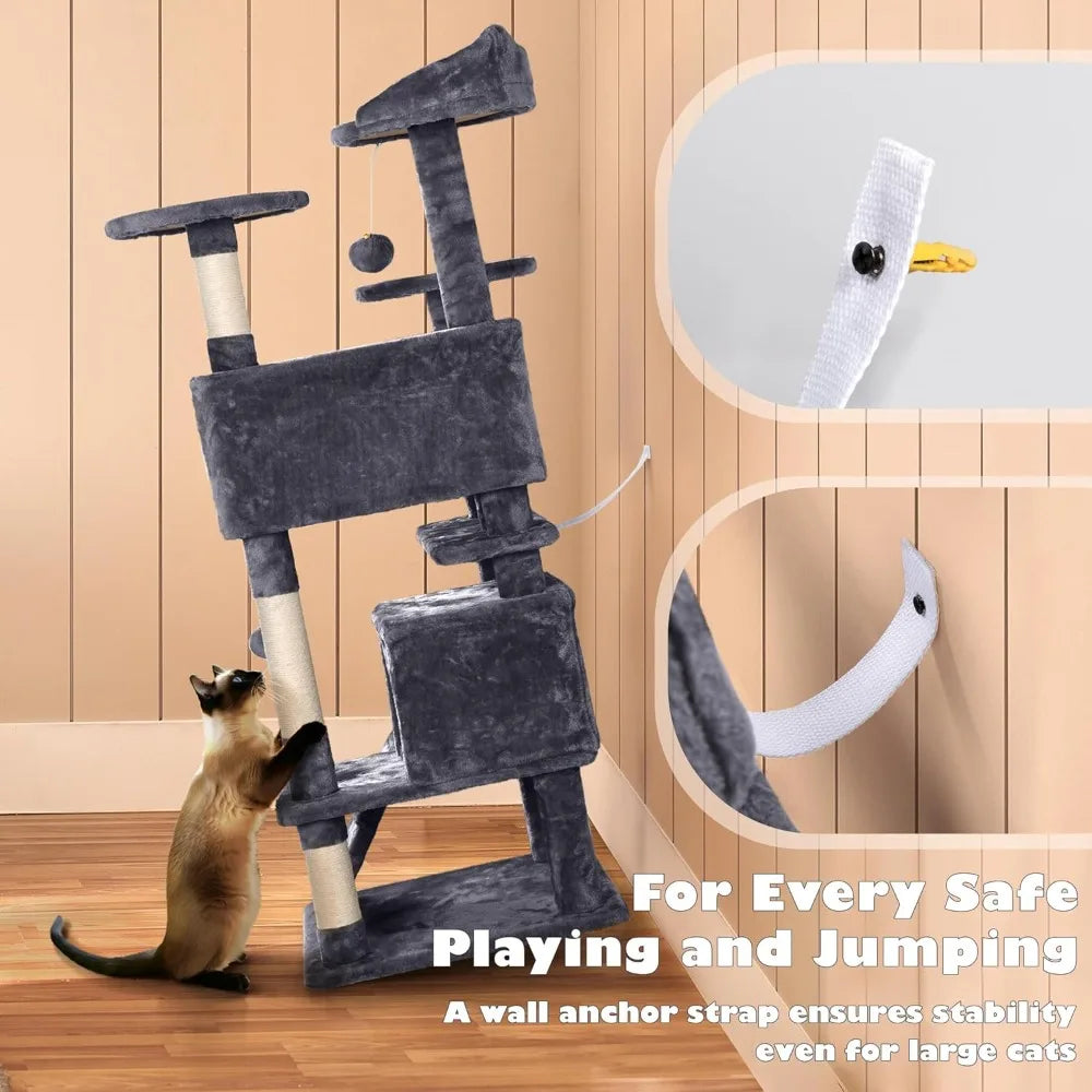 Yah 54in Cat Tree,Multi-Level Tower with Kitten-Ear Perch,2 Caves,Scratching Posts,Ladder,2 Plush Balls for Indoor Cats