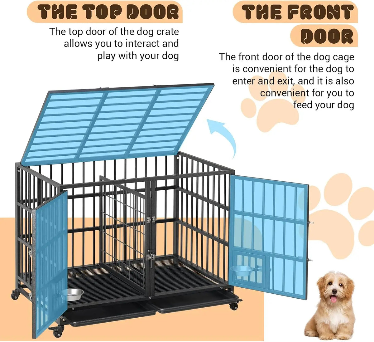 Heavy Duty Metal Dog Crate With Double Door And Wheels