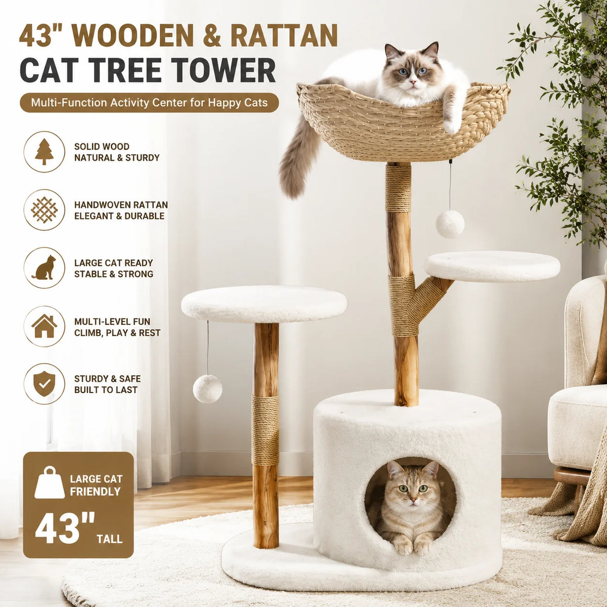 Wooden Rattan Multi Level Cat Tree Tower With Indoor Perches