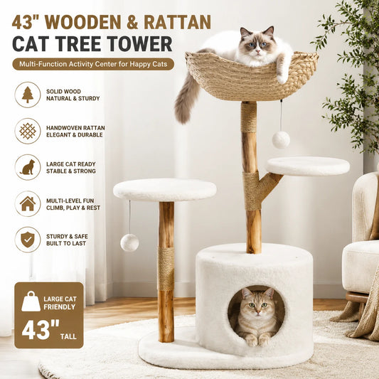 Wooden Rattan Multi Level Cat Tree Tower With Indoor Perches