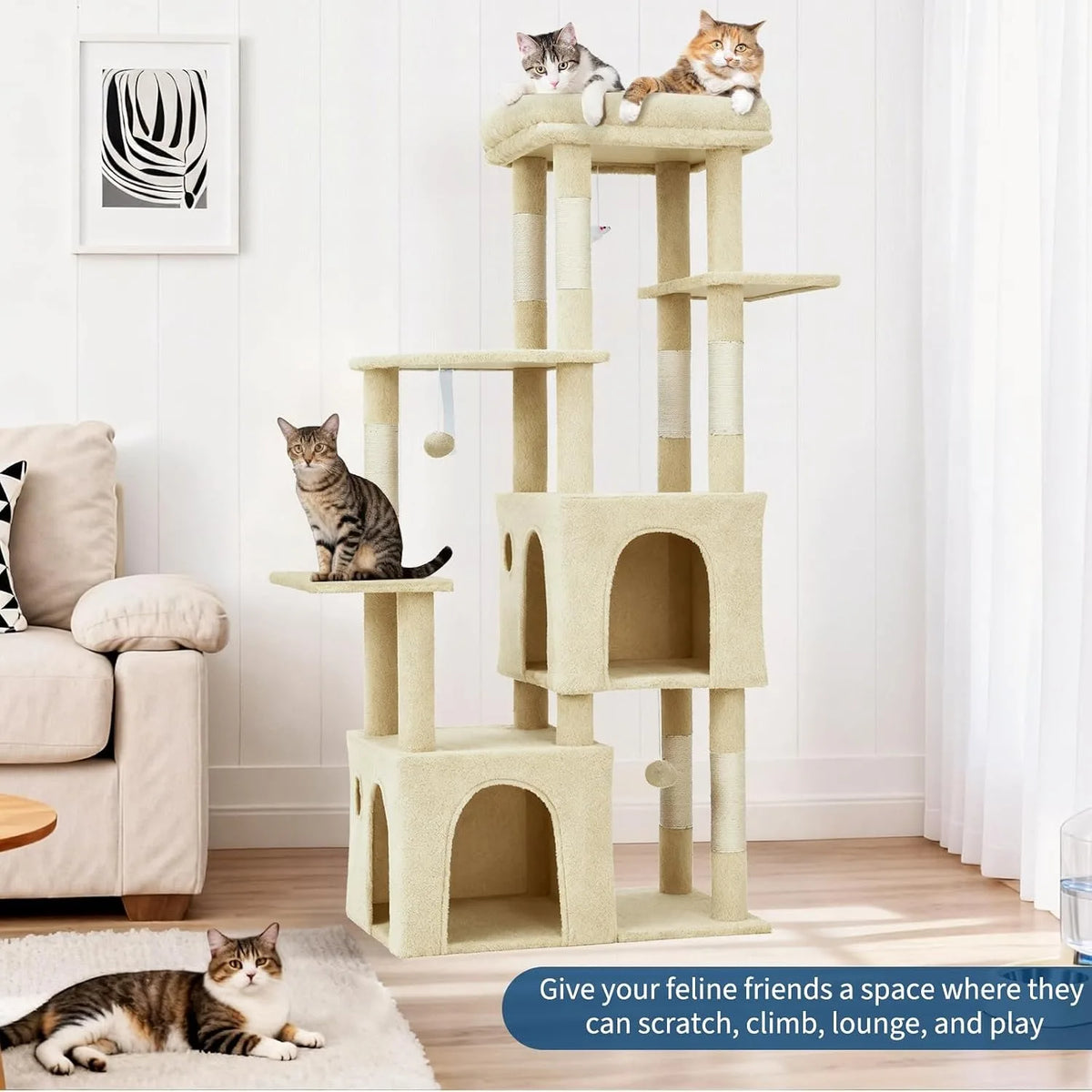 Multi Level Cat Tree With Scratching Posts And Hanging Toys