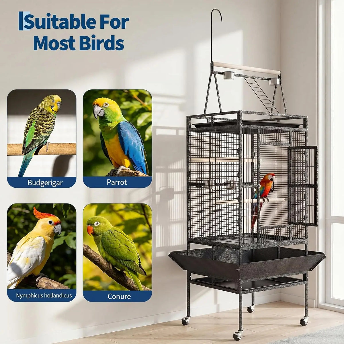 Metal Bird Cage With Removable Tray Stand And Secure Latch
