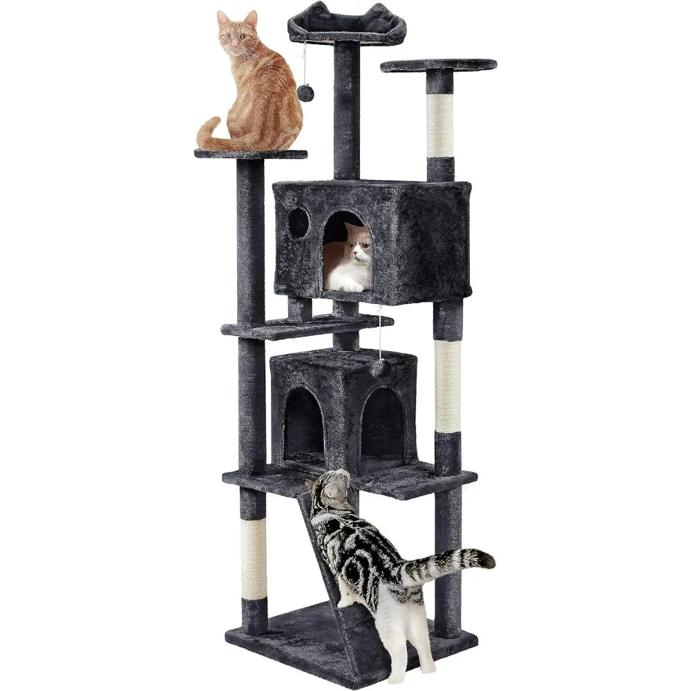Yah 54in Cat Tree,Multi-Level Tower with Kitten-Ear Perch,2 Caves,Scratching Posts,Ladder,2 Plush Balls for Indoor Cats