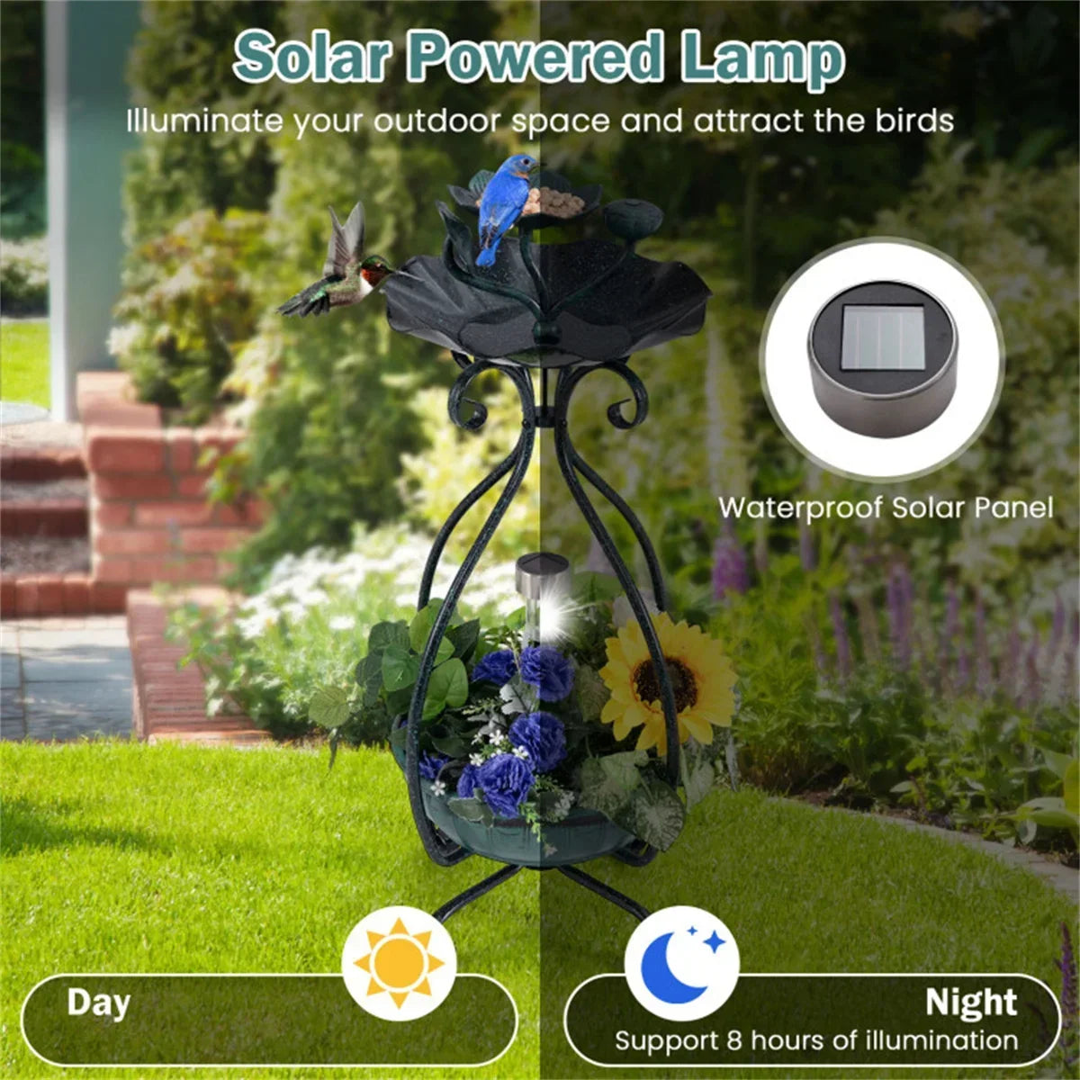 Solar Bird Bath Feeder Combo With Pedestal And Lights