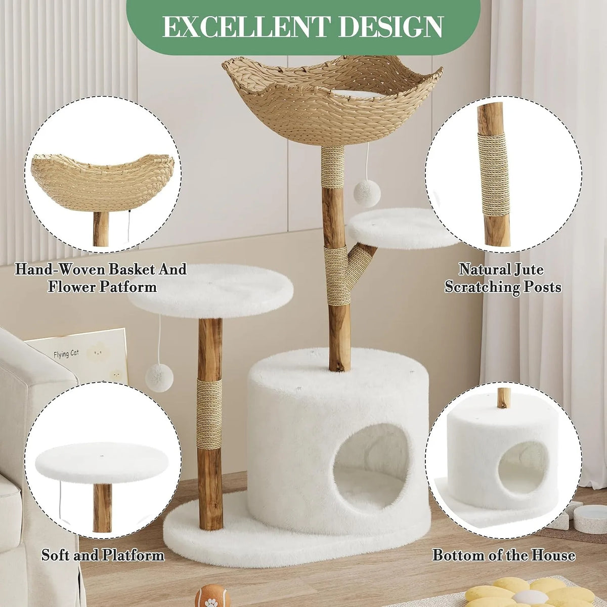 Wooden Rattan Multi Level Cat Tree Tower With Indoor Perches