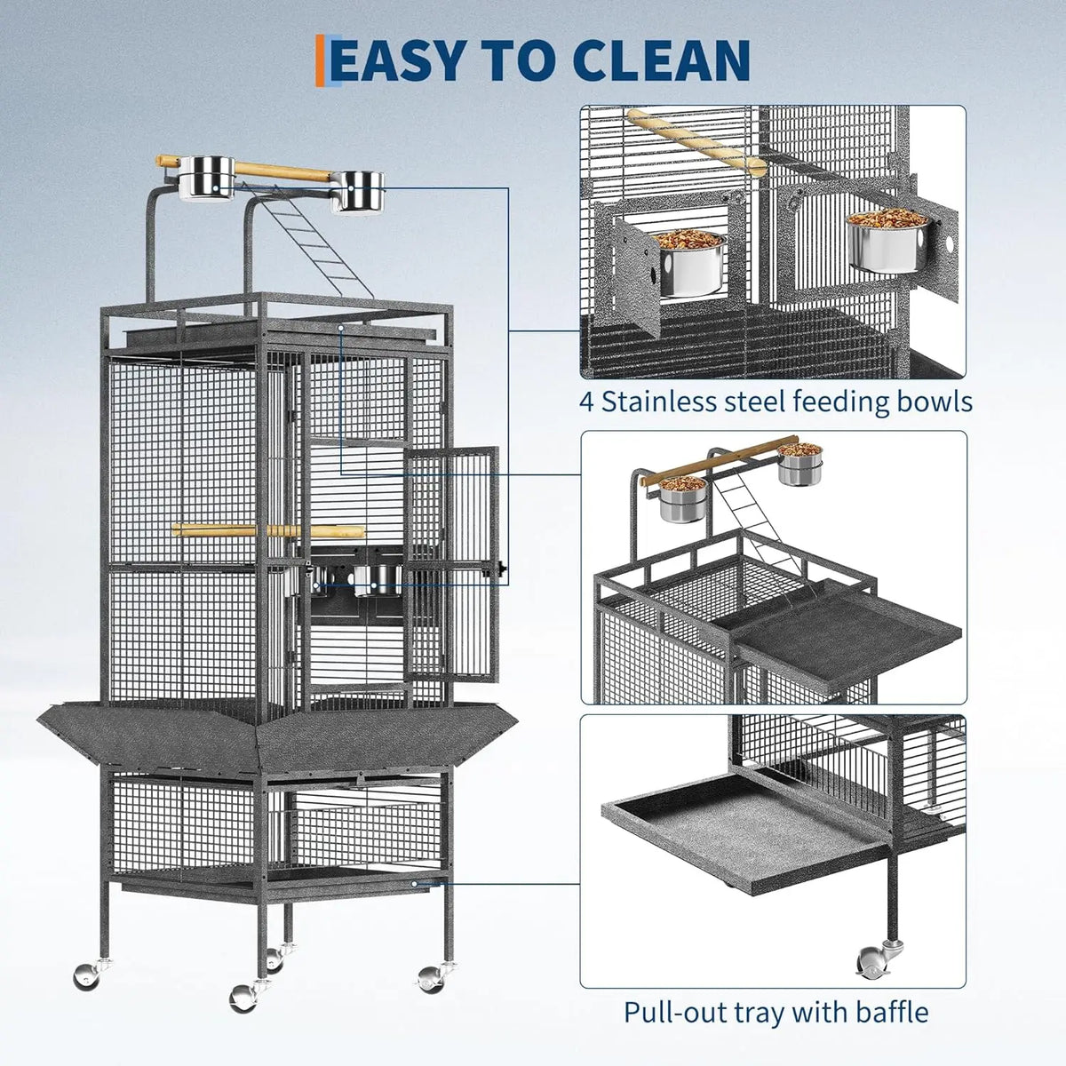 HiMISS Spacious Metal Bird Cage With Play Top And Rollers