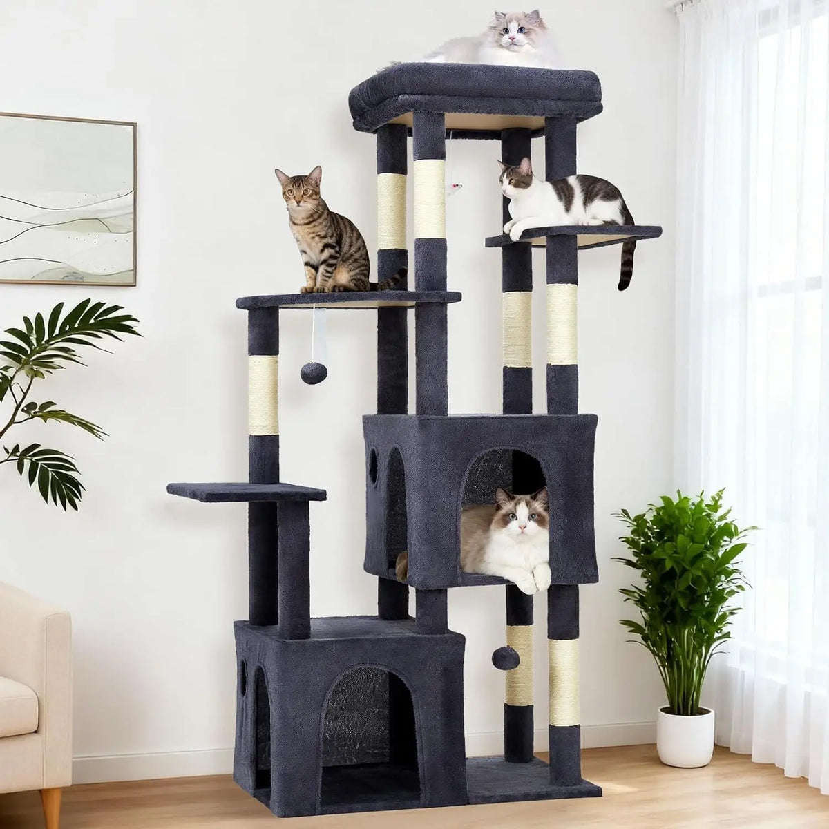 Multi Level Cat Tree With Scratching Posts And Hanging Toys