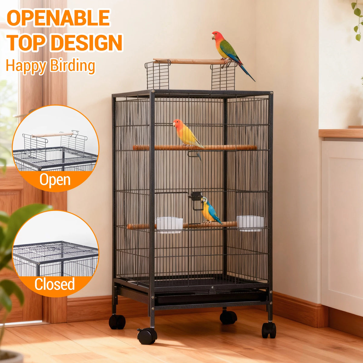 HiMISS Open Top Metal Bird Cage Featuring Wooden Perches