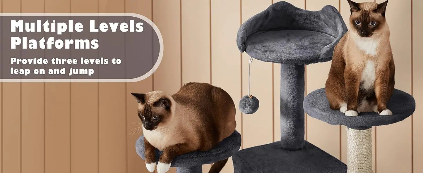 Yah 54in Cat Tree,Multi-Level Tower with Kitten-Ear Perch,2 Caves,Scratching Posts,Ladder,2 Plush Balls for Indoor Cats