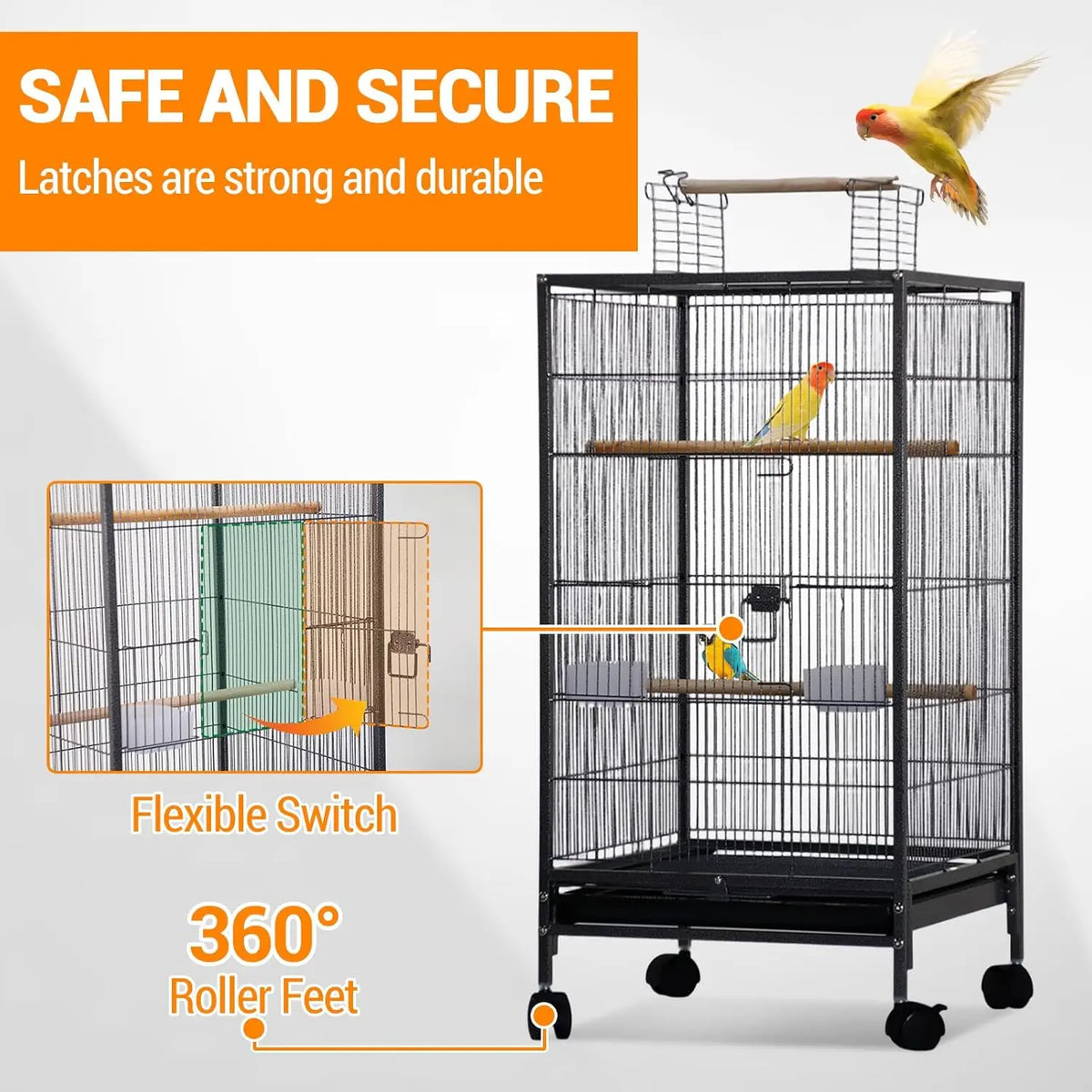 HiMiss Open Top Parrot Cage With Rolling Stand And Tray