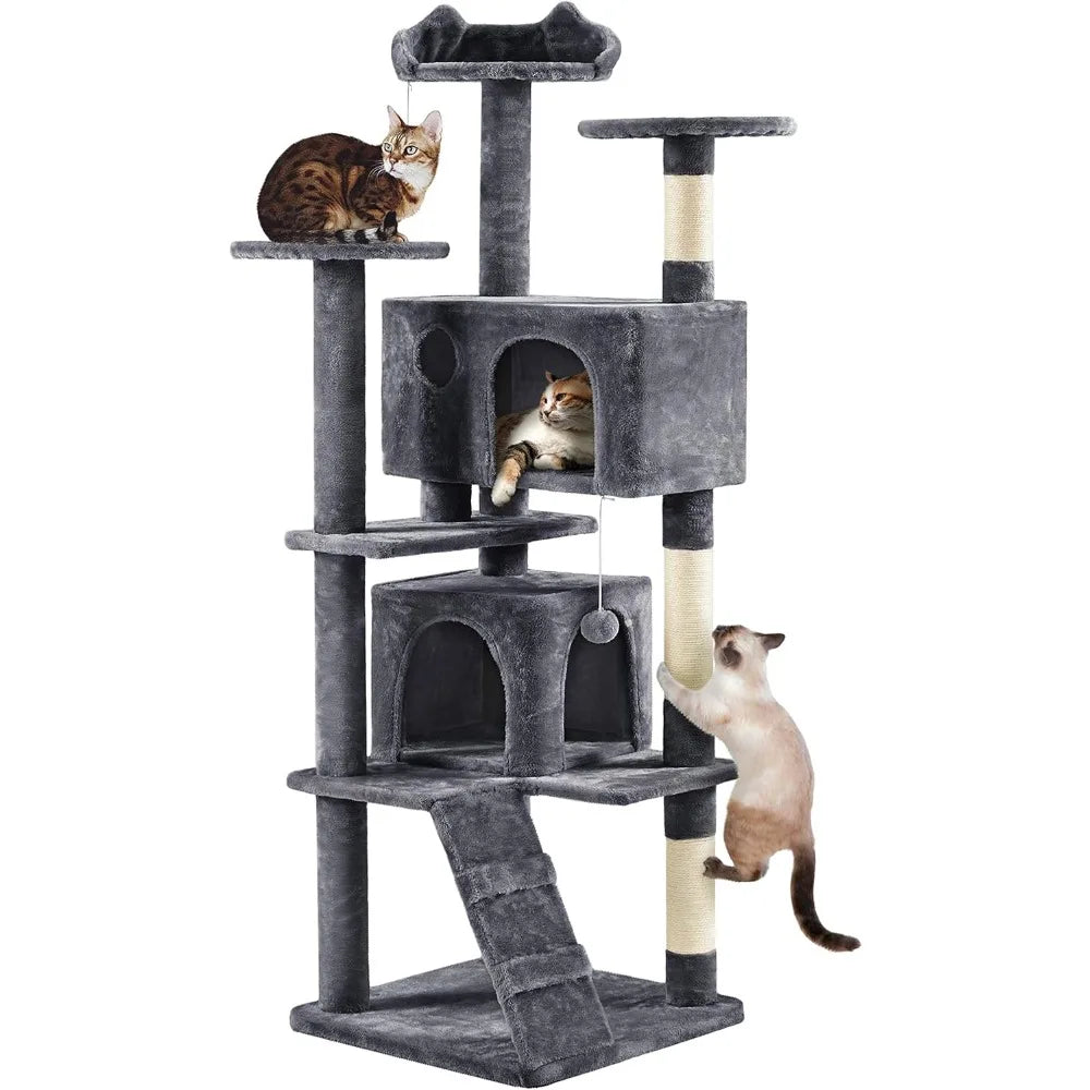 Yah 54in Cat Tree,Multi-Level Tower with Kitten-Ear Perch,2 Caves,Scratching Posts,Ladder,2 Plush Balls for Indoor Cats