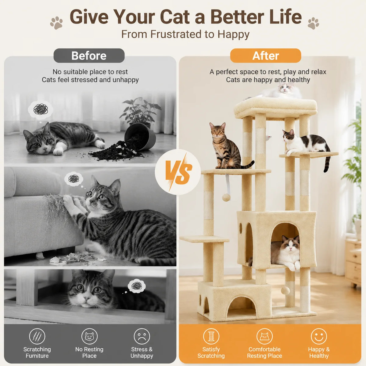Multi Level Cat Tree With Scratching Posts And Hanging Toys