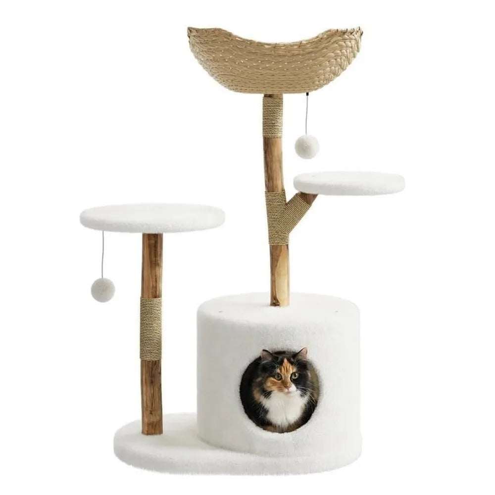 Wooden Rattan Multi Level Cat Tree Tower With Indoor Perches