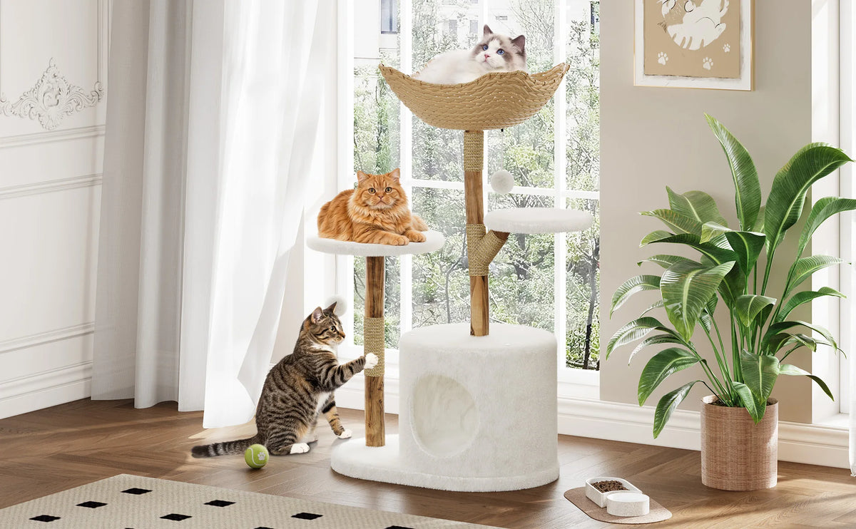 Modern Multilevel Cat Tree With Sisal Scratching Posts And Basket