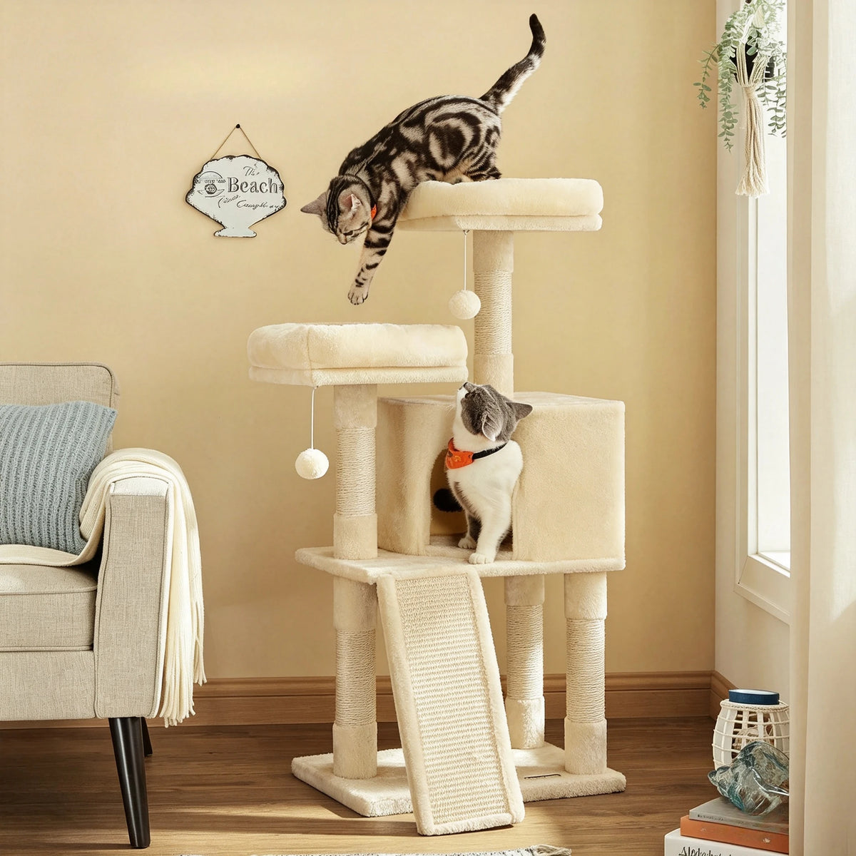 Multi-Level Cat Tower with Scratching Post and Climbing Ramp Perch