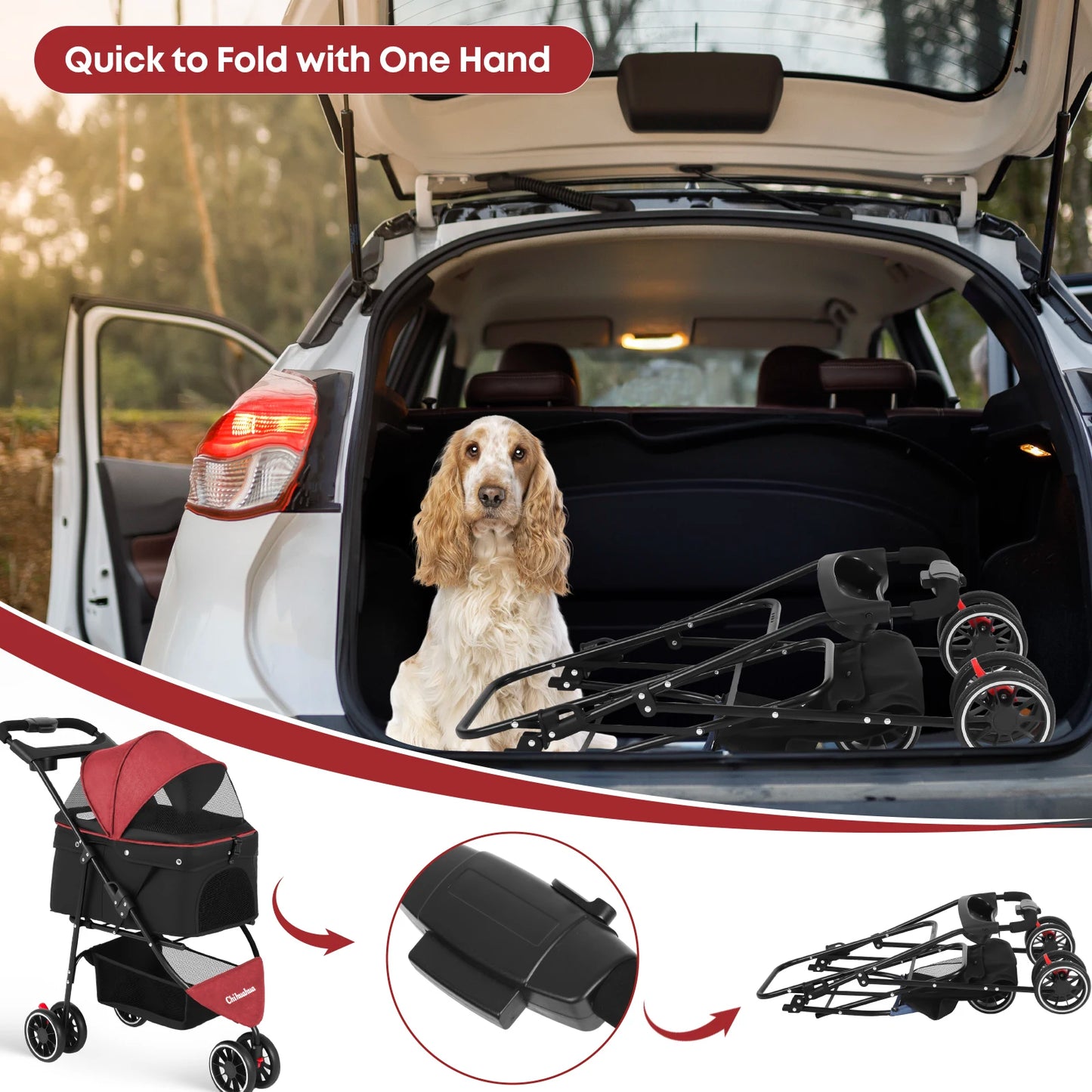 CHIHUAHUA Pet Stroller For Cats And Dogs Three Wheel Foldable