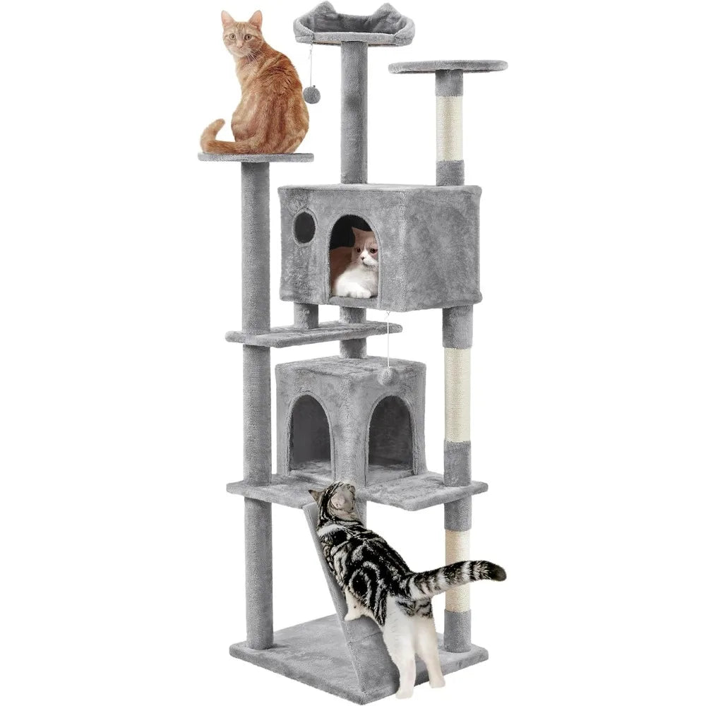 Yah 54in Cat Tree,Multi-Level Tower with Kitten-Ear Perch,2 Caves,Scratching Posts,Ladder,2 Plush Balls for Indoor Cats