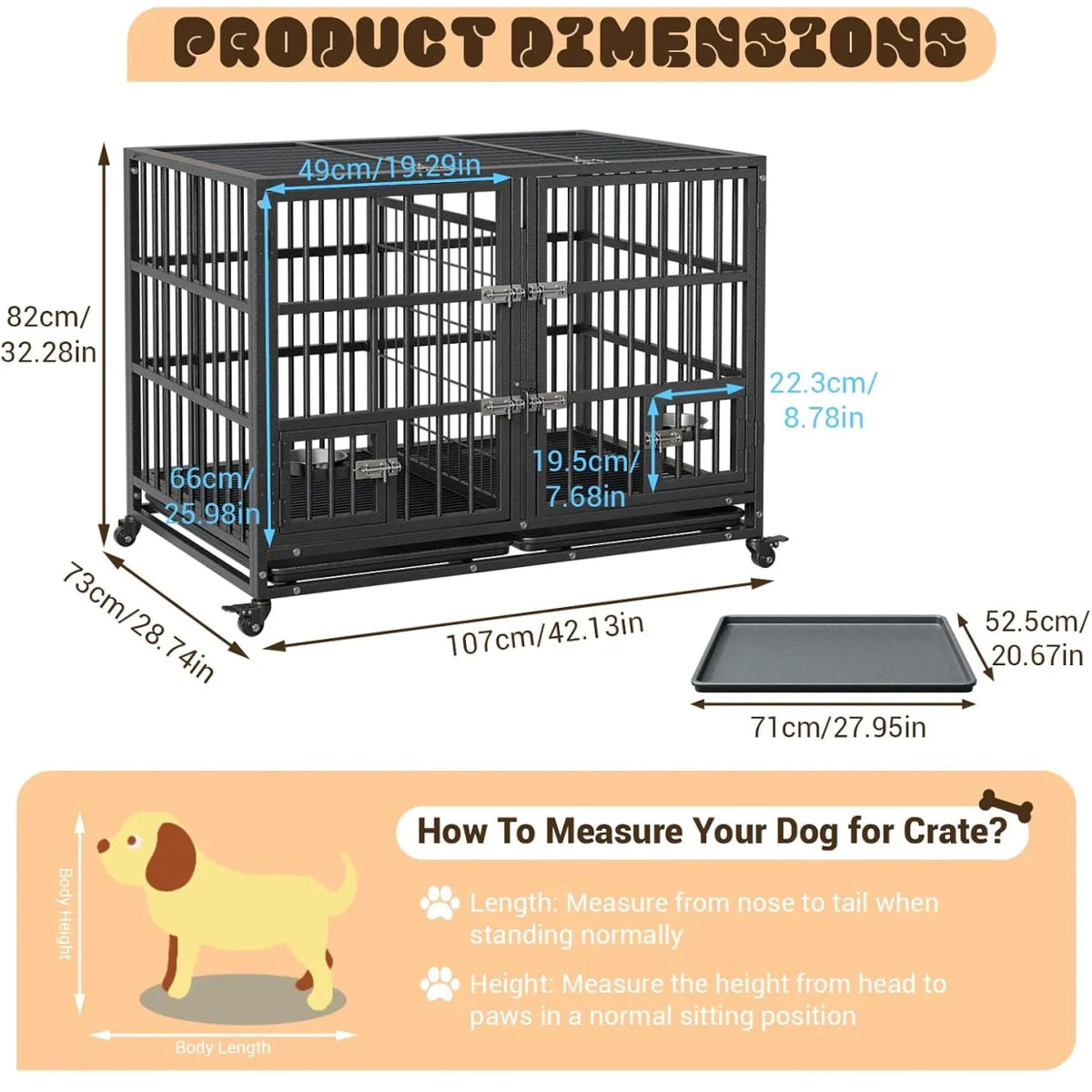 Heavy Duty Metal Dog Crate With Double Door And Wheels