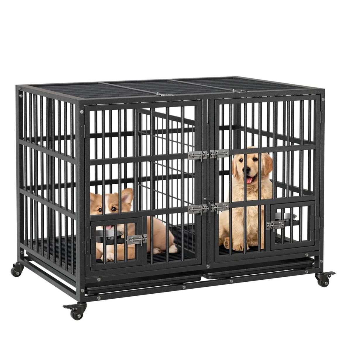 Heavy Duty Metal Dog Crate With Double Door And Wheels