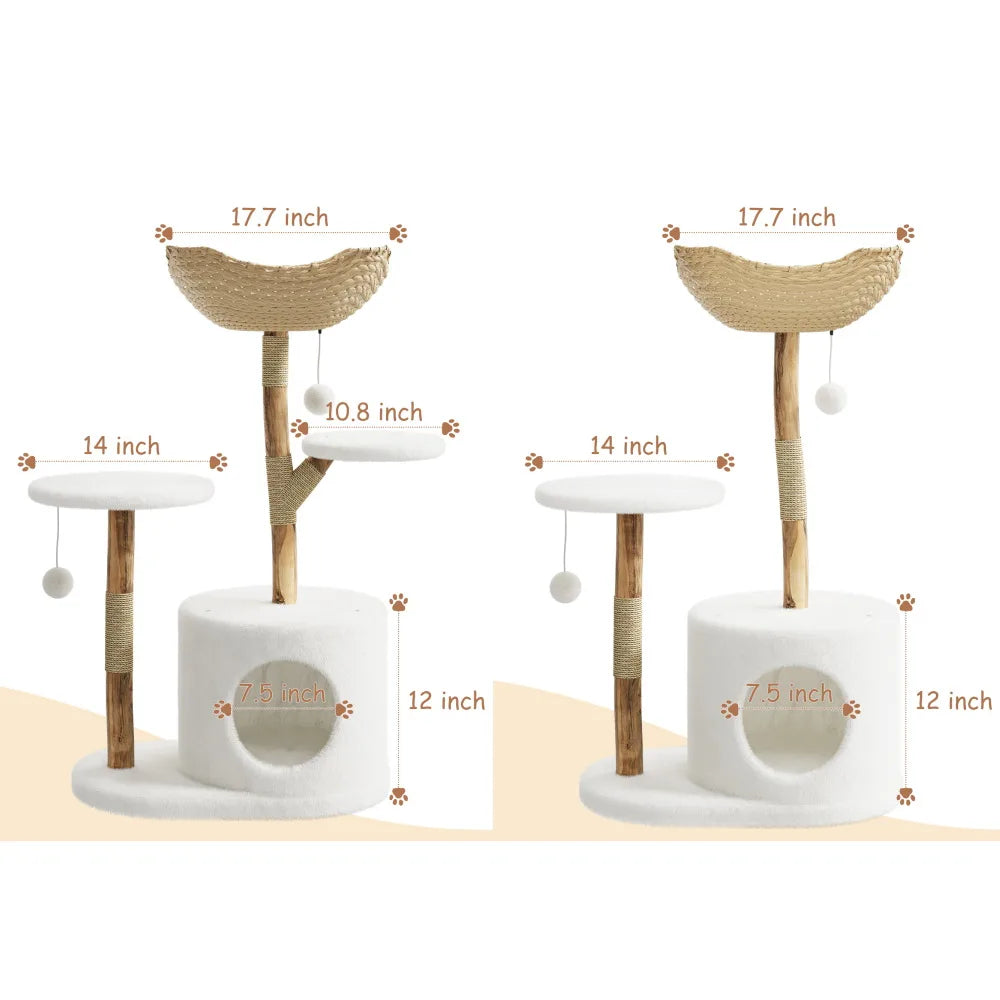 Wooden Rattan Multi Level Cat Tree Tower With Indoor Perches