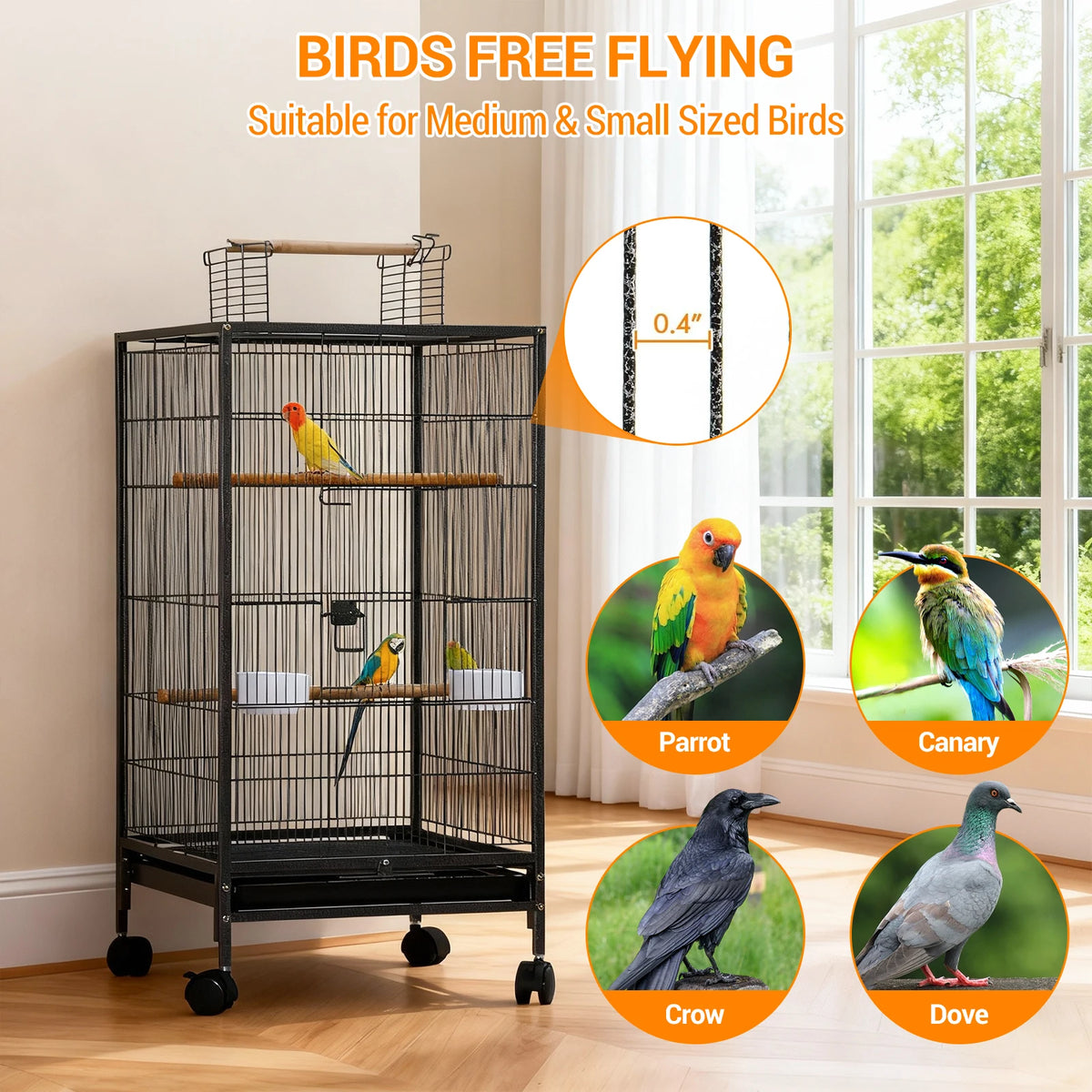 HiMISS Open Top Metal Bird Cage Featuring Wooden Perches