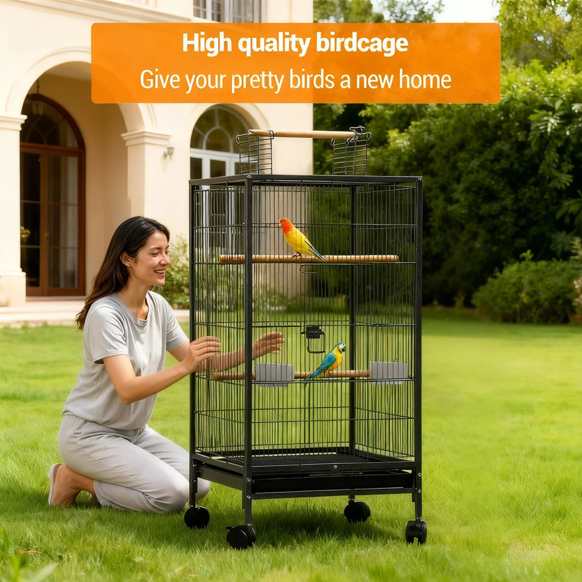 HiMISS Open Top Metal Bird Cage Featuring Wooden Perches