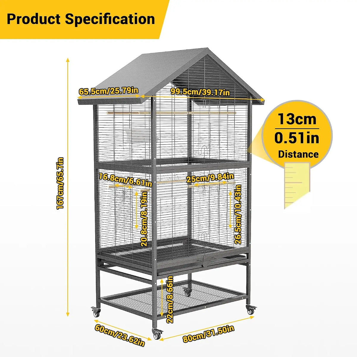 Wrought Iron Bird Cage With Rolling Stand And Dual Compartments