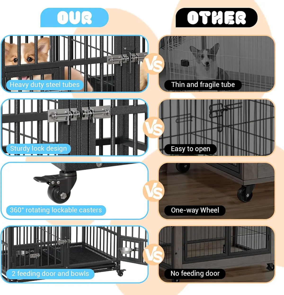 Heavy Duty Metal Dog Crate With Double Door And Wheels