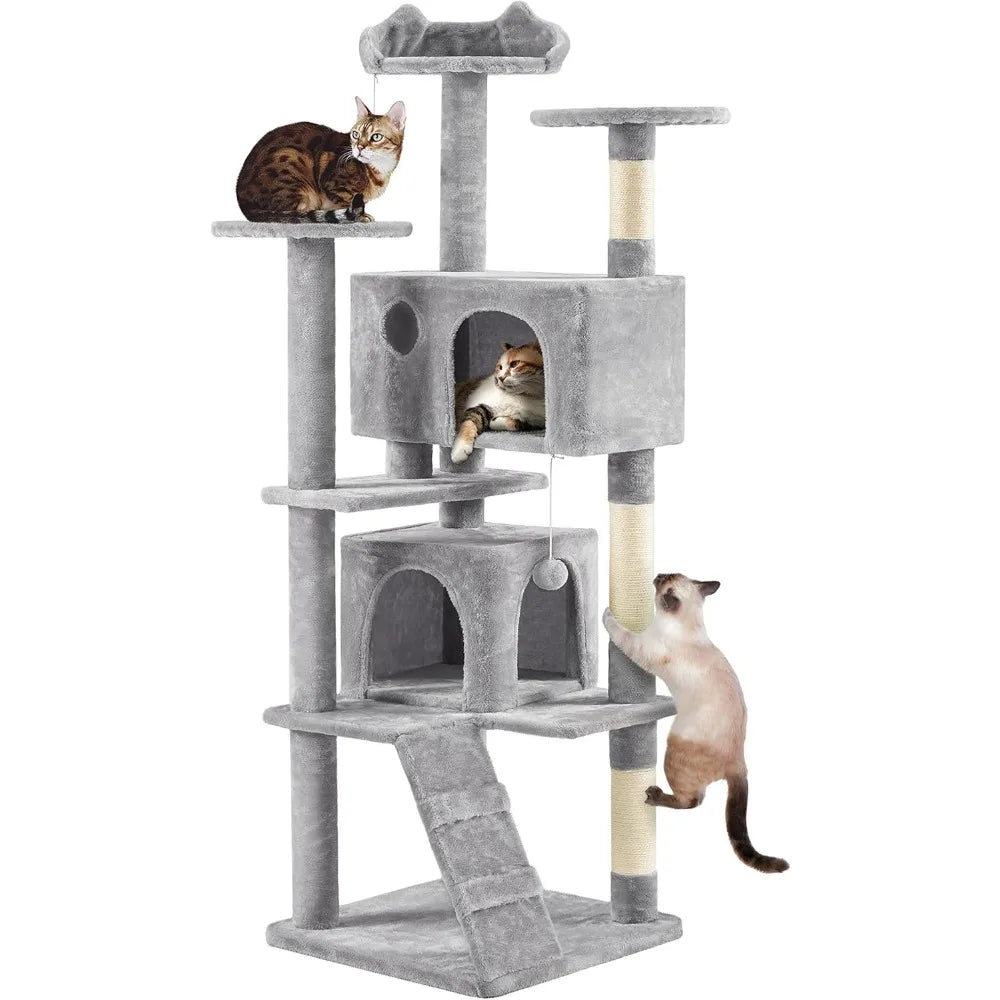 Yah 54in Cat Tree,Multi-Level Tower with Kitten-Ear Perch,2 Caves,Scratching Posts,Ladder,2 Plush Balls for Indoor Cats