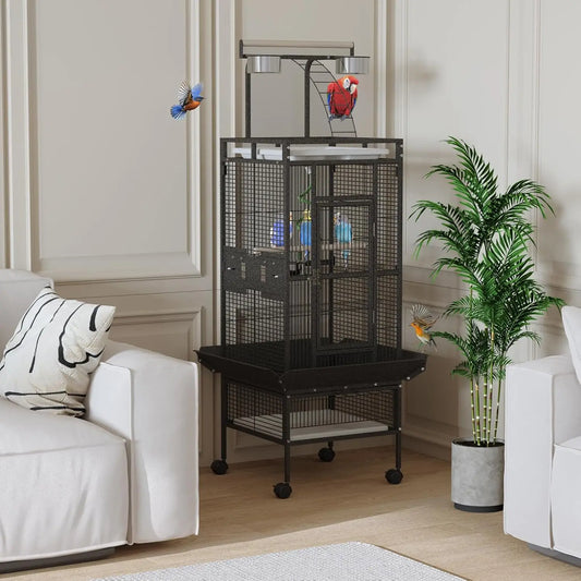 60" Large Rolling Bird Cage With Play Top 4 Stainless Steel Bowls Metal Parrot Cage For Conure Cockatiel Parakeet Lovebird