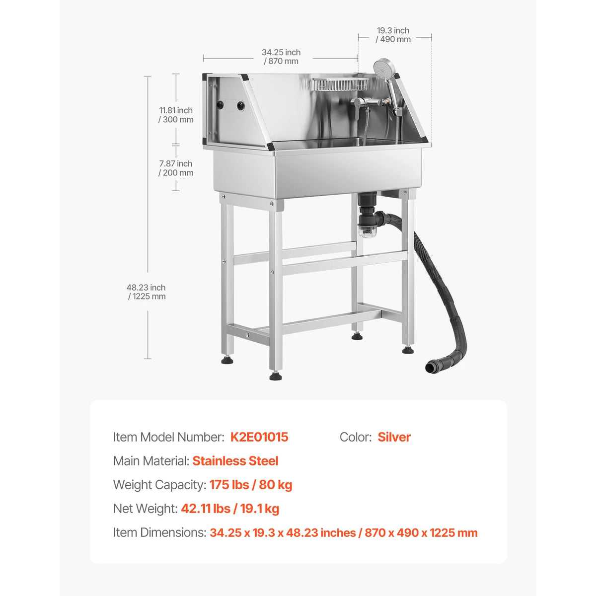 VEVOR Stainless Steel Dog And Cat Washing Station With Faucet
