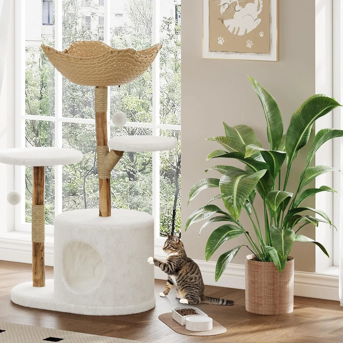 Wooden Rattan Multi Level Cat Tree Tower With Indoor Perches