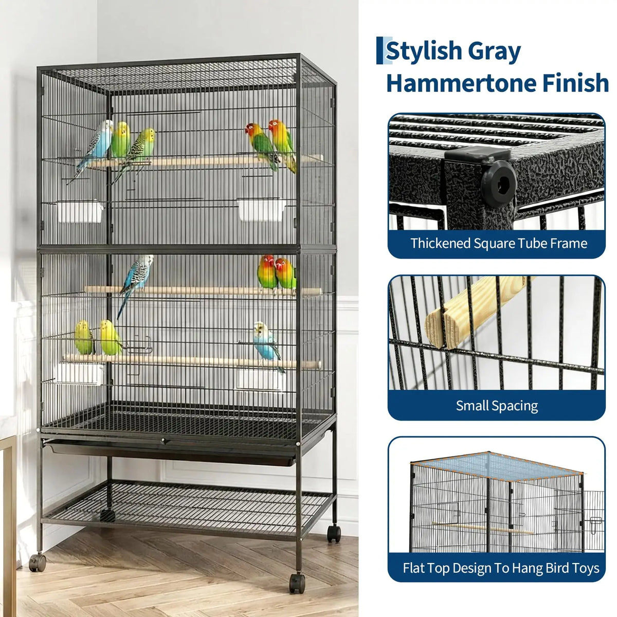 Rolling Bird Cage With Storage Stands And Feed Bowls