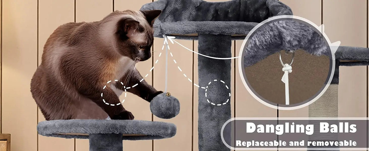 Yah 54in Cat Tree,Multi-Level Tower with Kitten-Ear Perch,2 Caves,Scratching Posts,Ladder,2 Plush Balls for Indoor Cats