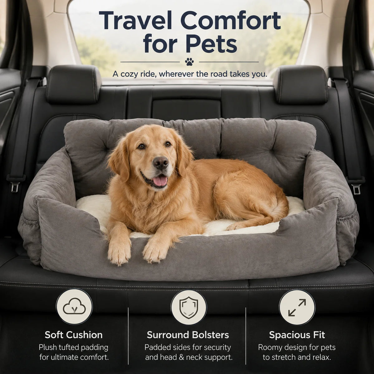 Waterproof Dog Car Booster Seat With Safety Leash Storage Pockets